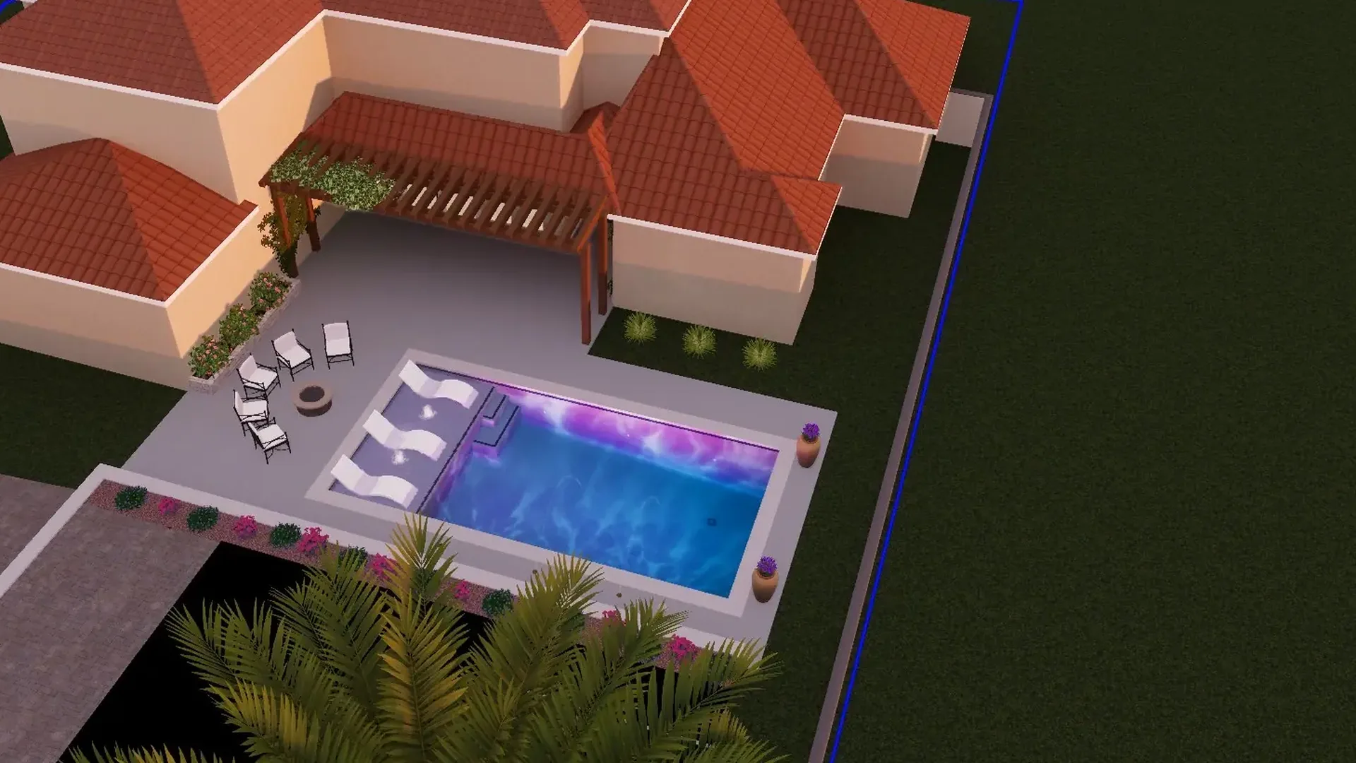 JCW Pools design render showing an overhead view of a proposed pool, spa and patio behind a Laredo home