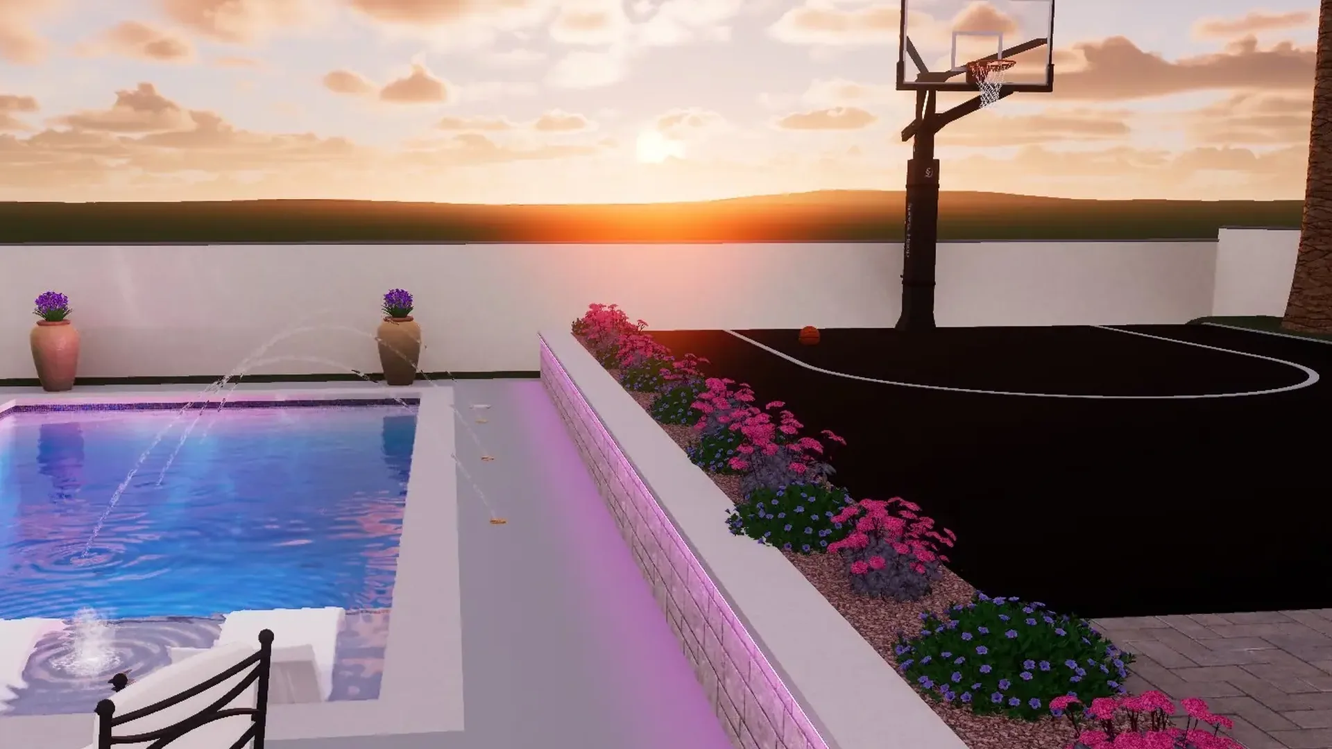 JCW Pools design render of a backyard pool beside a sport court at sunset