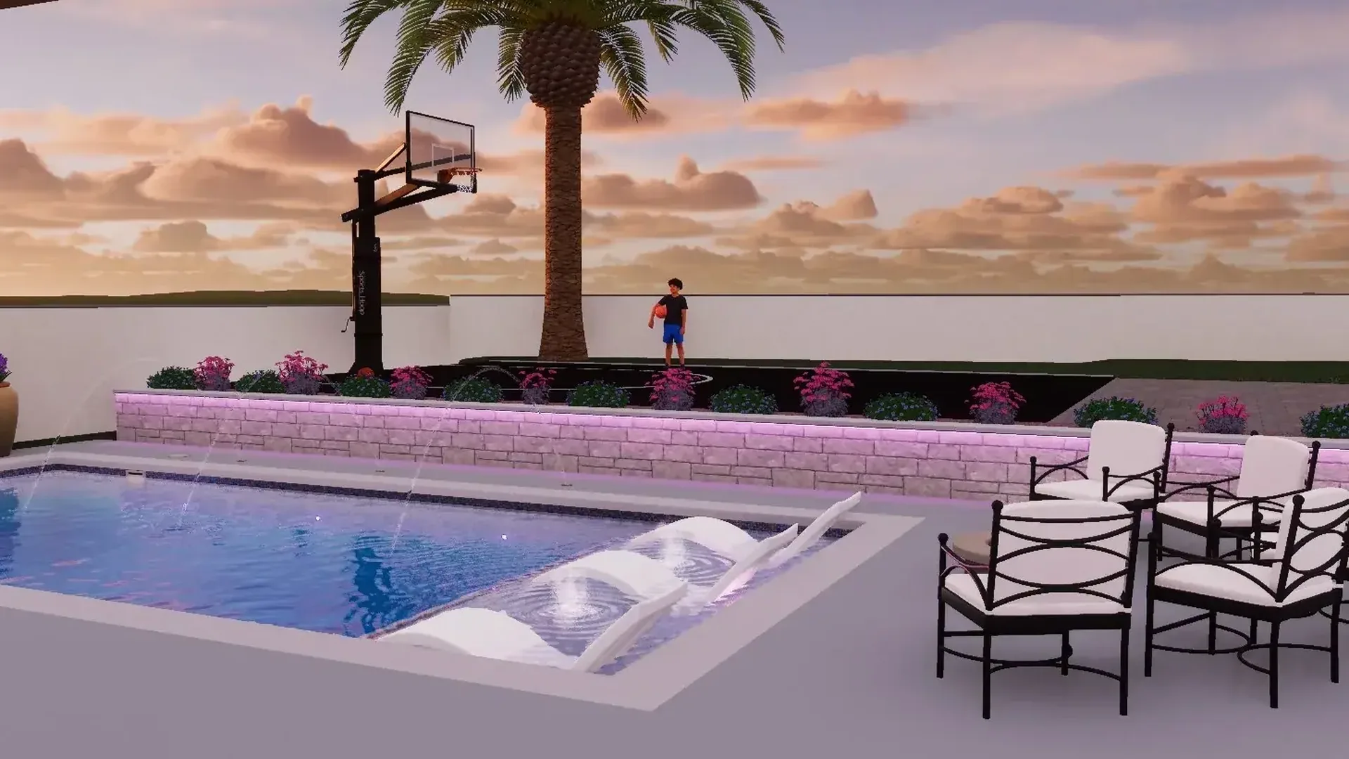 JCW Pools design render at deck level showing arcing water jets into the pool, a lit stone wall, dining chairs and a basketball hoop under a sunset sky