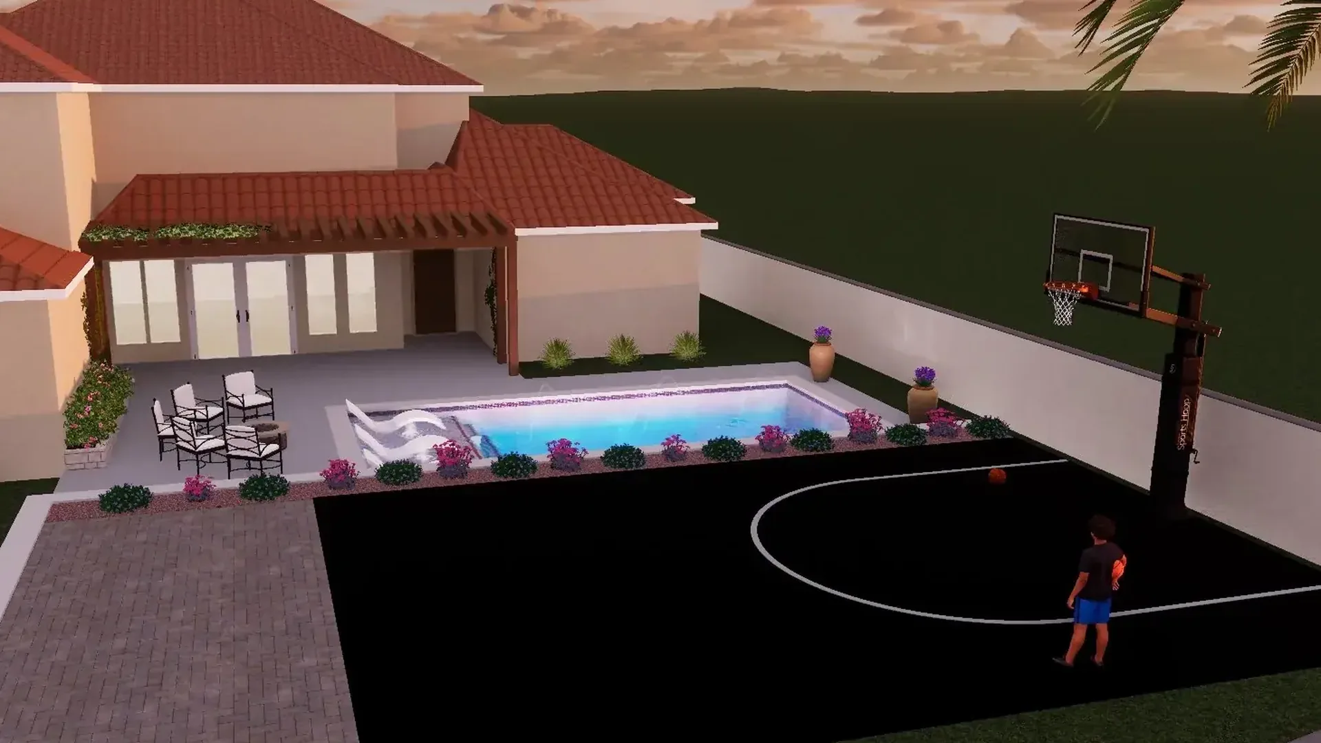 JCW Pools design render of a rectangular pool, patio seating and a basketball court behind a red tile roofed home at sunset