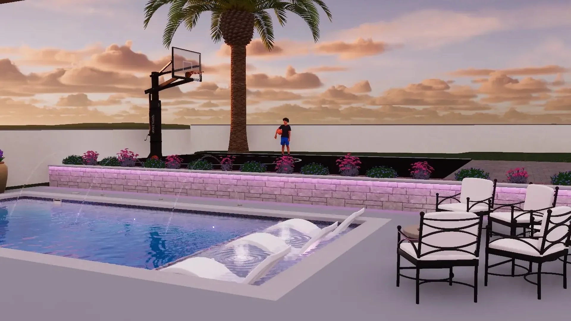 JCW Pools design render of a rectangular pool with a raised spa wall and palm under a sunset sky