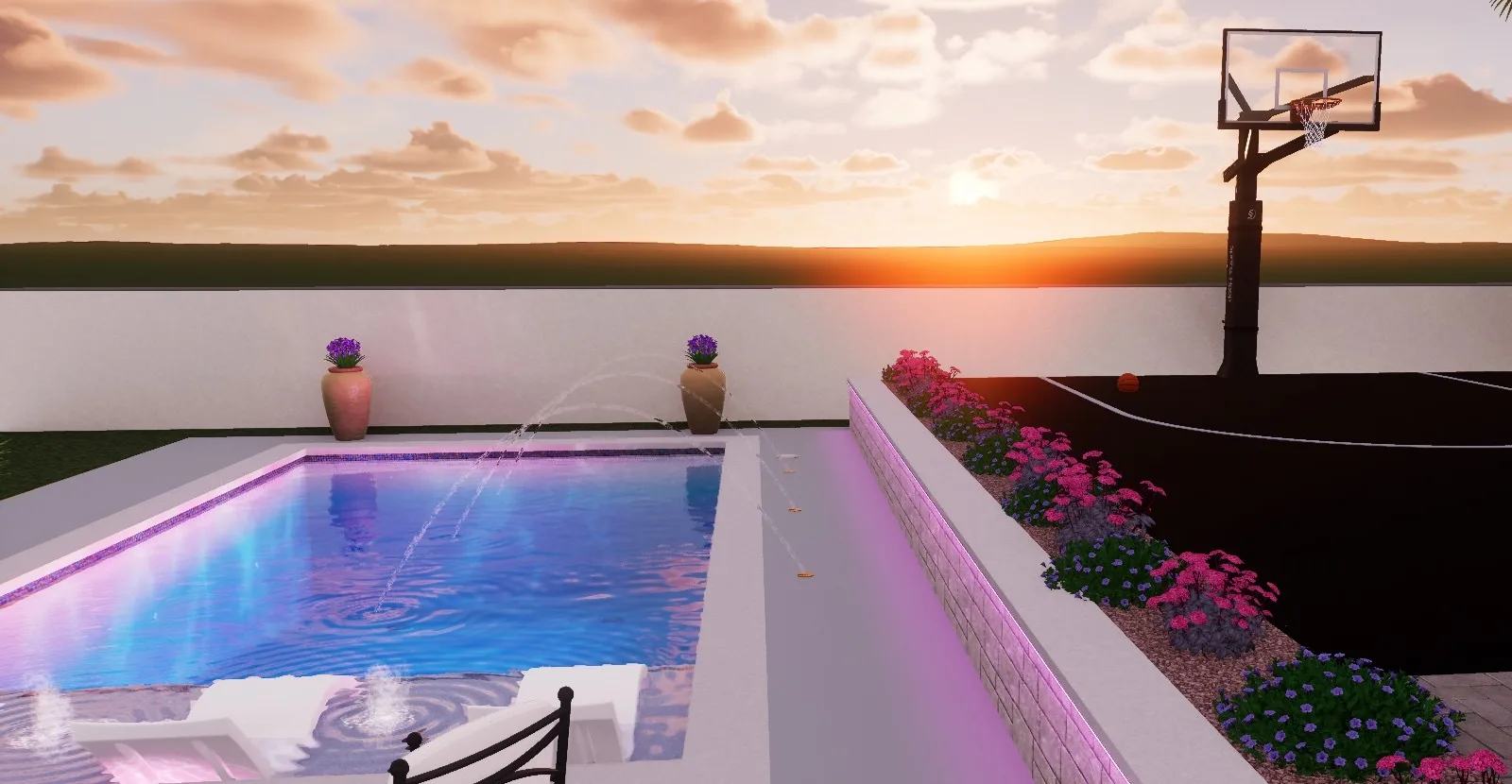 Design render of a backyard pool at sunset with fountain jets, a raised planter and a sport court